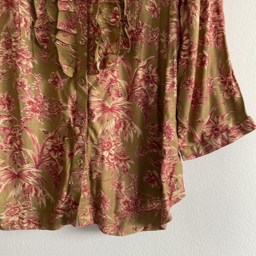 Soft Surroundings Blouse Button Down Floral Ruffles Red Green Medium - Picture 3 of 8